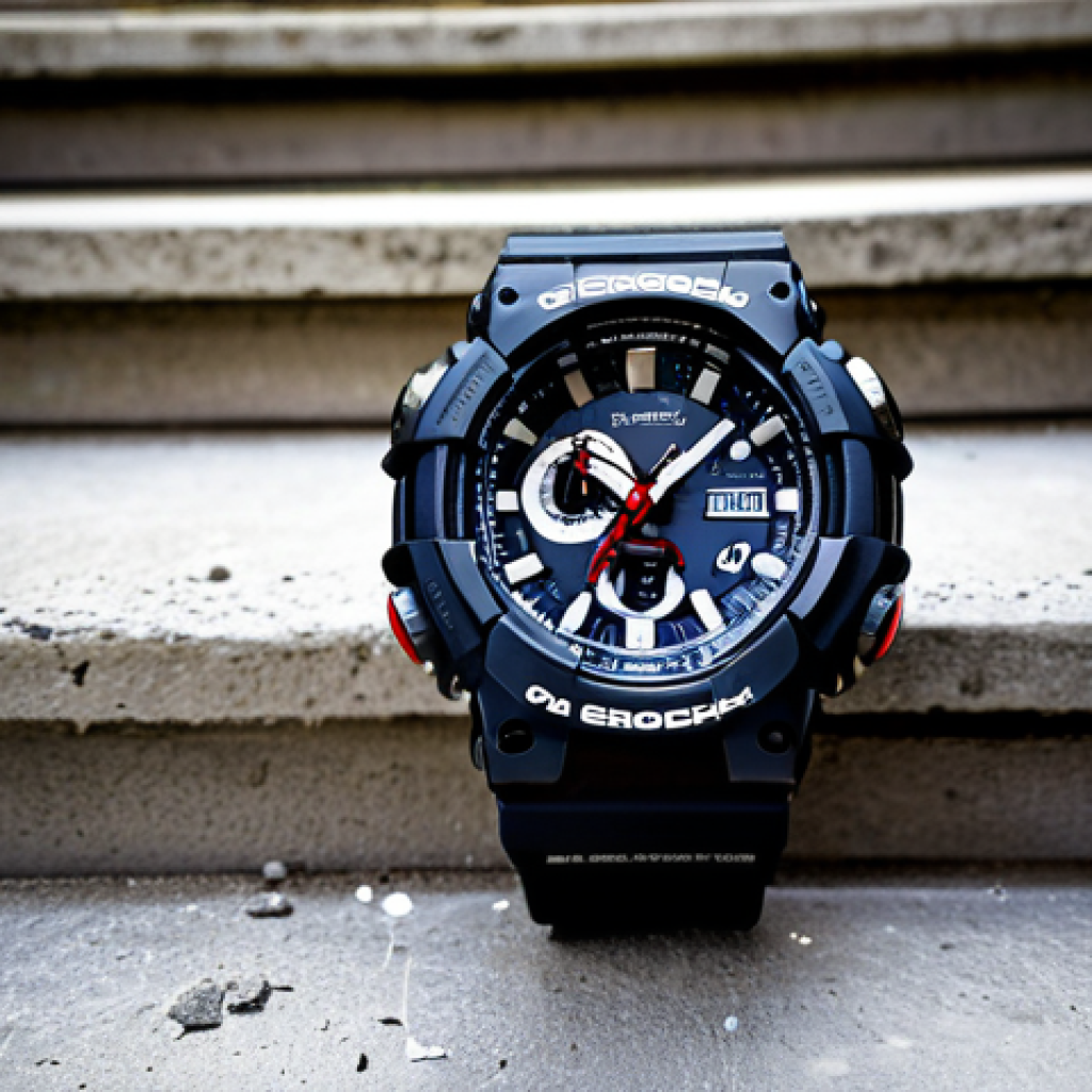 **A rugged G-Shock watch surviving a fall down concrete stairs, showcasing its exceptional shock resistance.**