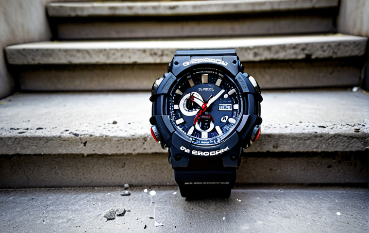 **A rugged G-Shock watch surviving a fall down concrete stairs, showcasing its exceptional shock resistance.**