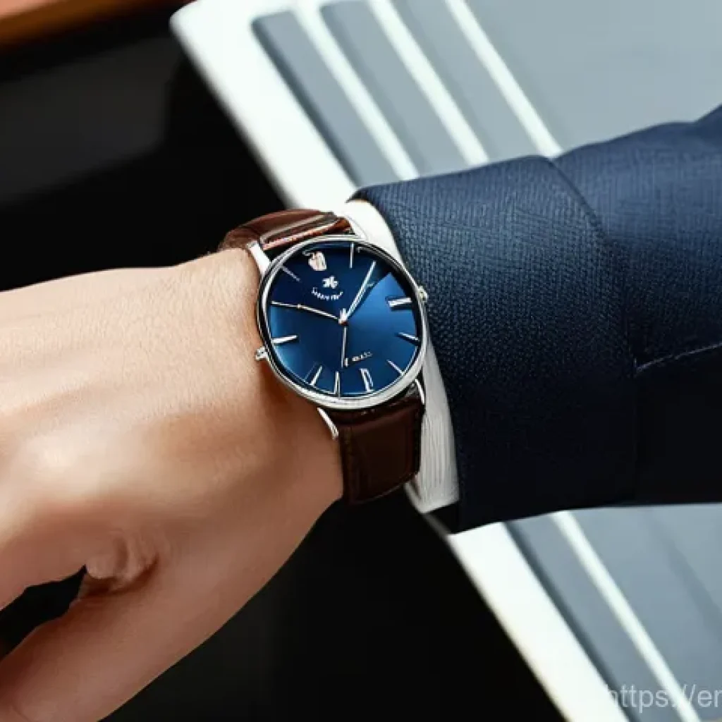 남성용 가죽 스트랩 시계 추천 - **Prompt:** A sophisticated close-up shot of a well-groomed woman's or man's wrist, featuring a clas...