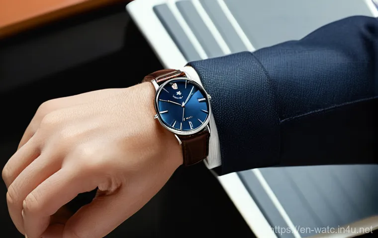 남성용 가죽 스트랩 시계 추천 - **Prompt:** A sophisticated close-up shot of a well-groomed woman's or man's wrist, featuring a clas...