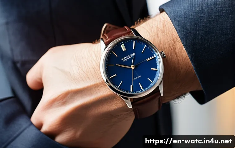 시계 스트랩 DIY 교체 가이드 - A close-up shot of a classic wristwatch with a rich, dark brown leather strap made from soft calfski...