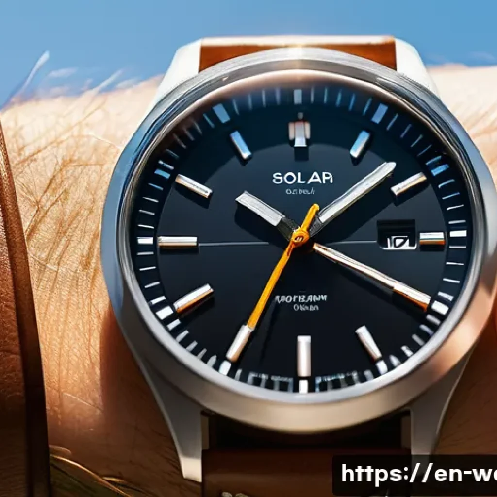 솔라 시계 배터리 수명 - A close-up, hyper-realistic image of a high-end solar watch dial showing the tiny solar cell beneath...