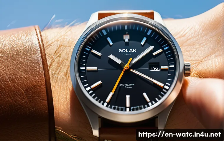 솔라 시계 배터리 수명 - A close-up, hyper-realistic image of a high-end solar watch dial showing the tiny solar cell beneath...