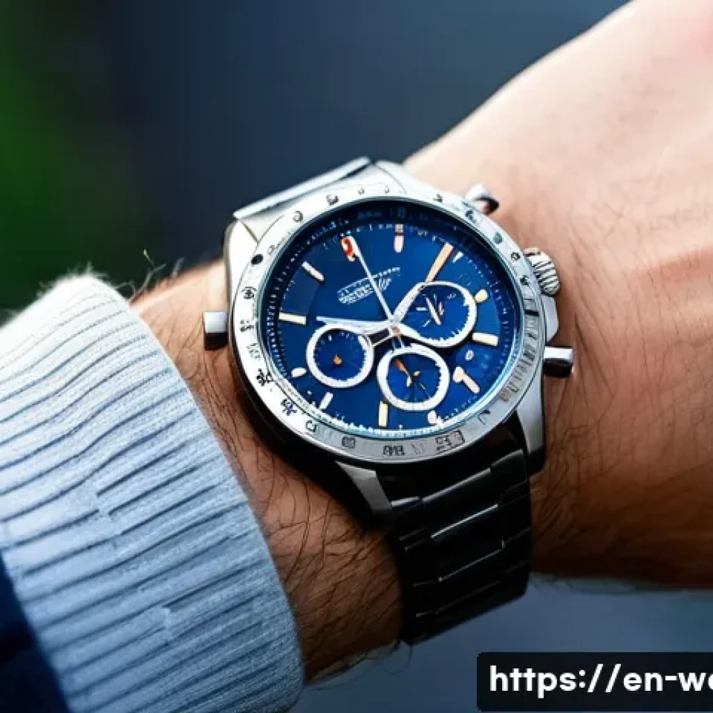 크로노그래프 기능과 사용법 - A close-up, hyper-realistic image of a modern chronograph wristwatch on a male wrist, focusing on th...