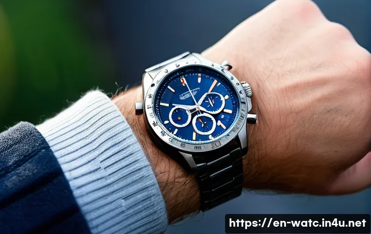 크로노그래프 기능과 사용법 - A close-up, hyper-realistic image of a modern chronograph wristwatch on a male wrist, focusing on th...