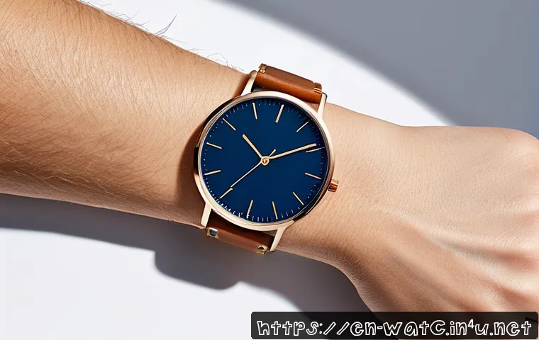 손목 둘레별 시계 사이즈 추천 - A stylish wristwatch display featuring three wrist sizes—slim, medium, and large—each wearing watche...