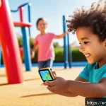 아이들용 스마트워치 추천 - A cheerful young child wearing a colorful kids’ smartwatch with a visible real-time GPS map on the w...