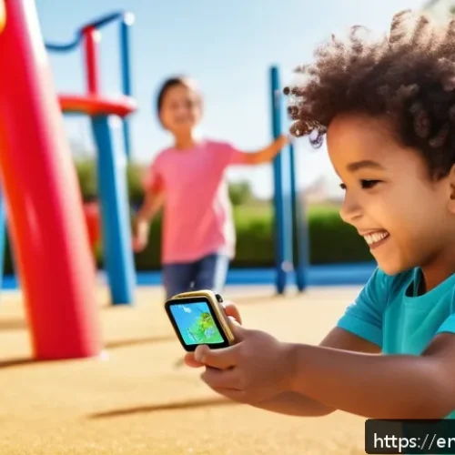 아이들용 스마트워치 추천 - A cheerful young child wearing a colorful kids’ smartwatch with a visible real-time GPS map on the w...