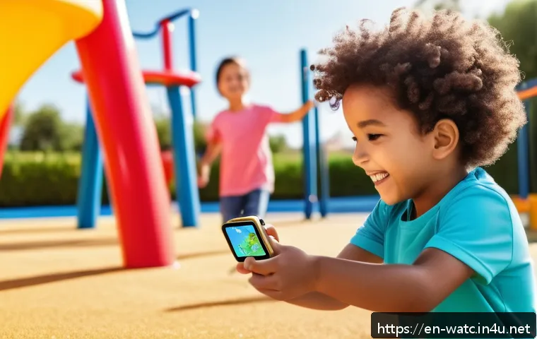 아이들용 스마트워치 추천 - A cheerful young child wearing a colorful kids’ smartwatch with a visible real-time GPS map on the w...