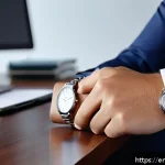패션 시계 고르는 방법 - A stylish business professional wearing a tailored navy blue suit and crisp white shirt, showcasing ...