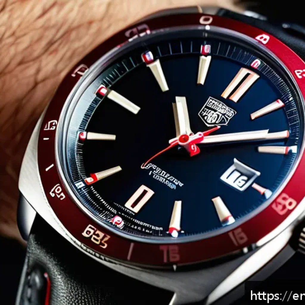 태그호이어 몬자와 포뮬러1 비교 - A close-up, highly detailed image of a Tag Heuer Monza watch on a wrist, showcasing its vintage cush...