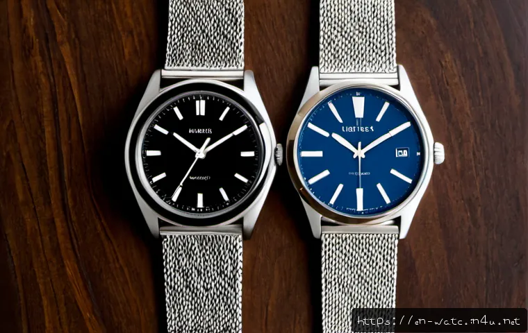 Home 17 하이엔드 메탈 시계 스트랩 비교 - Photorealistic luxury watch strap comparison on a dark walnut desk: three unbranded premium metal wa...