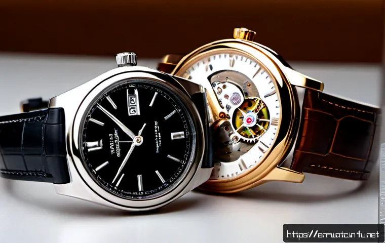 자동 시계와 수동 시계의 차이 - Photorealistic close-up comparison of two elegant wristwatches resting side by side on a warm walnut...