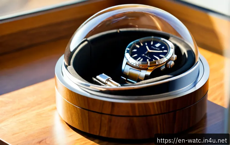시계 워치와이더 와치와인더  사용법 - Photorealistic close-up of a luxury automatic wristwatch secured on a single watch winder, the watch...