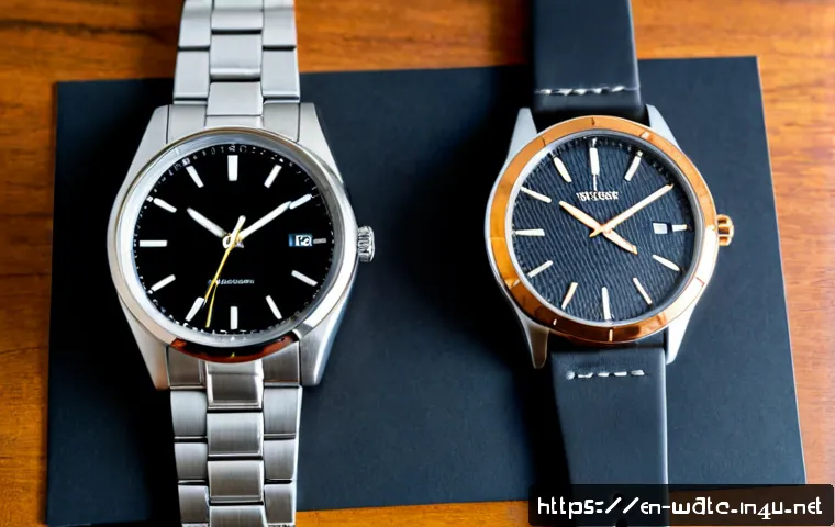 티쏘 럭스메틱과 PRX 비교 - Photorealistic side-by-side comparison of two elegant stainless steel integrated-bracelet wristwatch...