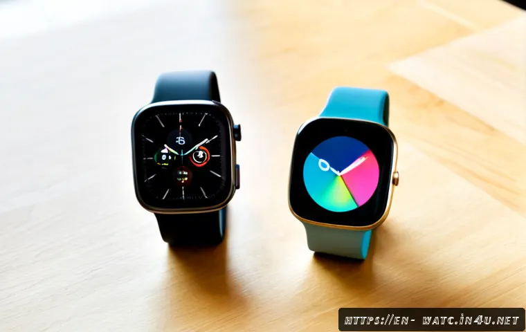 애플워치와 갤럭시 워치 기능 비교 - Photorealistic side-by-side comparison of two modern premium smartwatches on a clean light oak desk,...